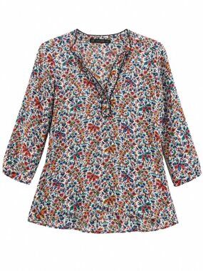 Zara Basic Blouse, Floral Paisley Split Neck, Boho Tunic, Size XS